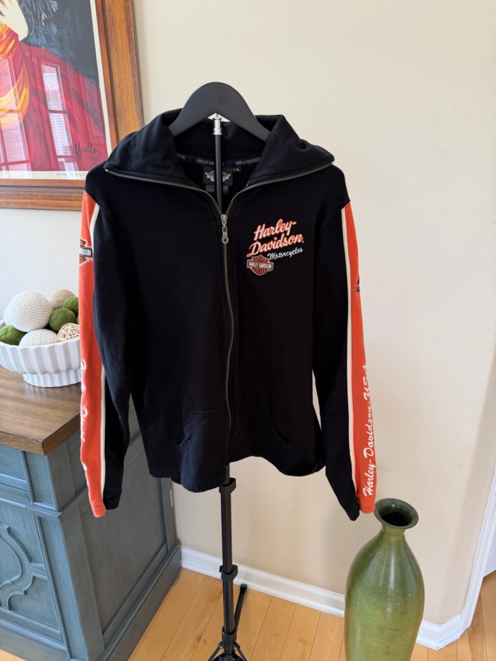 Harley Davidson Zip Hoodie XL Black Orange Biker Graphic Jacket